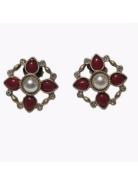 Vintage Floral Faux Pearl Earrings Red Gold Tone Elegant Fashion Jewelry Women